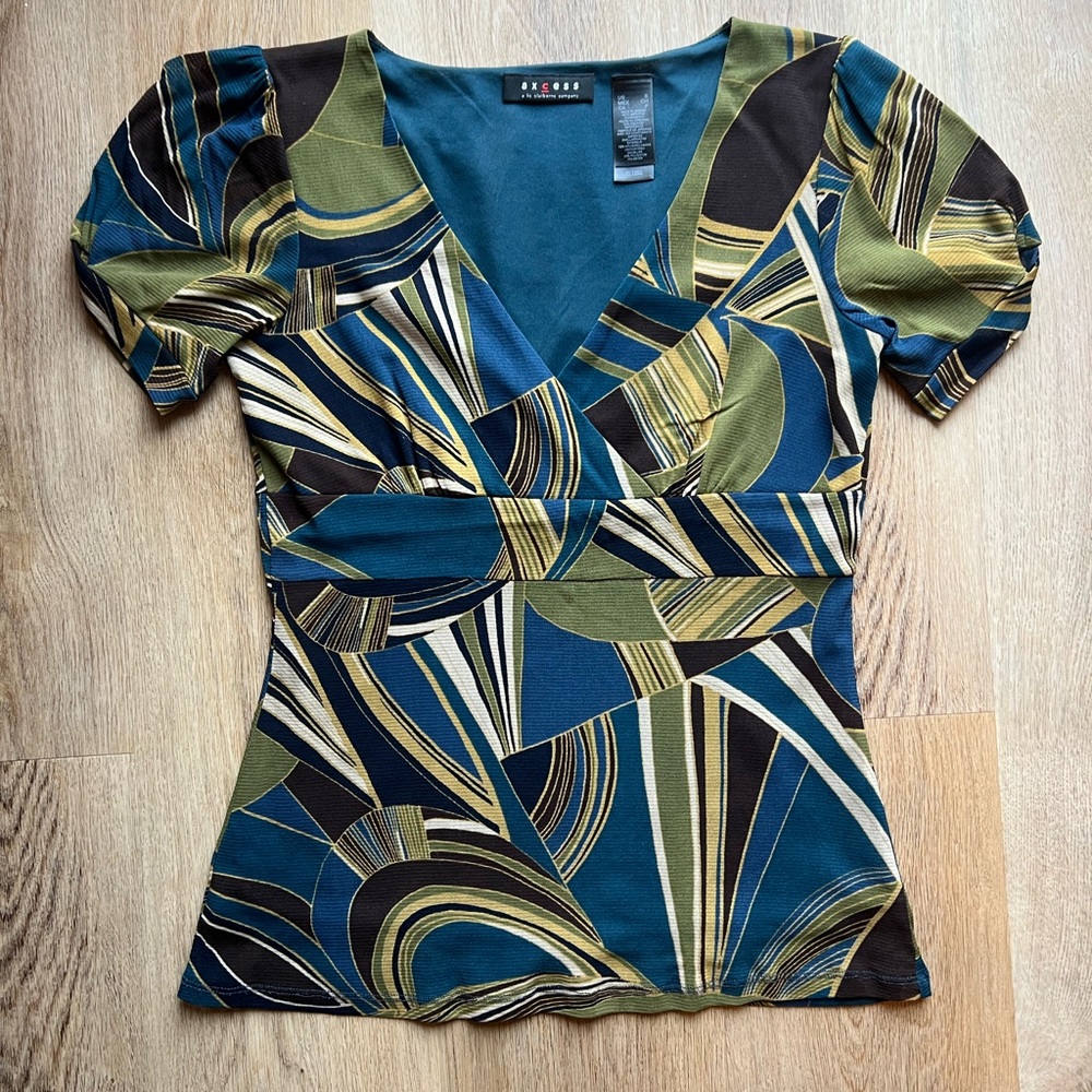 Vintage 90s Teal Blue Fitted Puff Sleeve Blouse